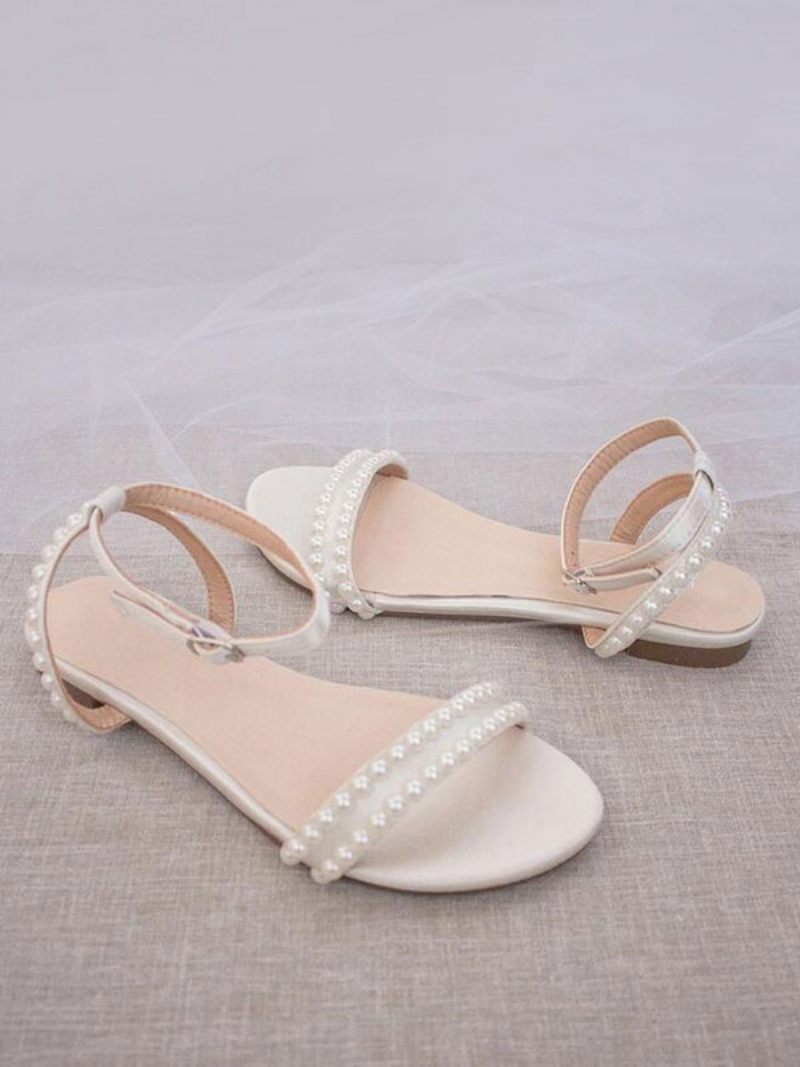 Chaussures Mariée Plates Pour Femmes Mariage Blanches À Bout Ouvert Et Perles - Blanc