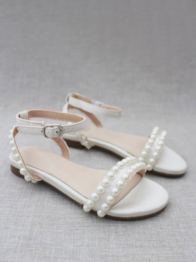 Chaussures Mariée Plates Pour Femmes Mariage Blanches À Bout Ouvert Et Perles - Blanc