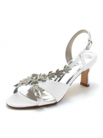 Chaussures Mariée Satin Pour Femmes Avec Strass Bout Ouvert Talon Chaton Mariage