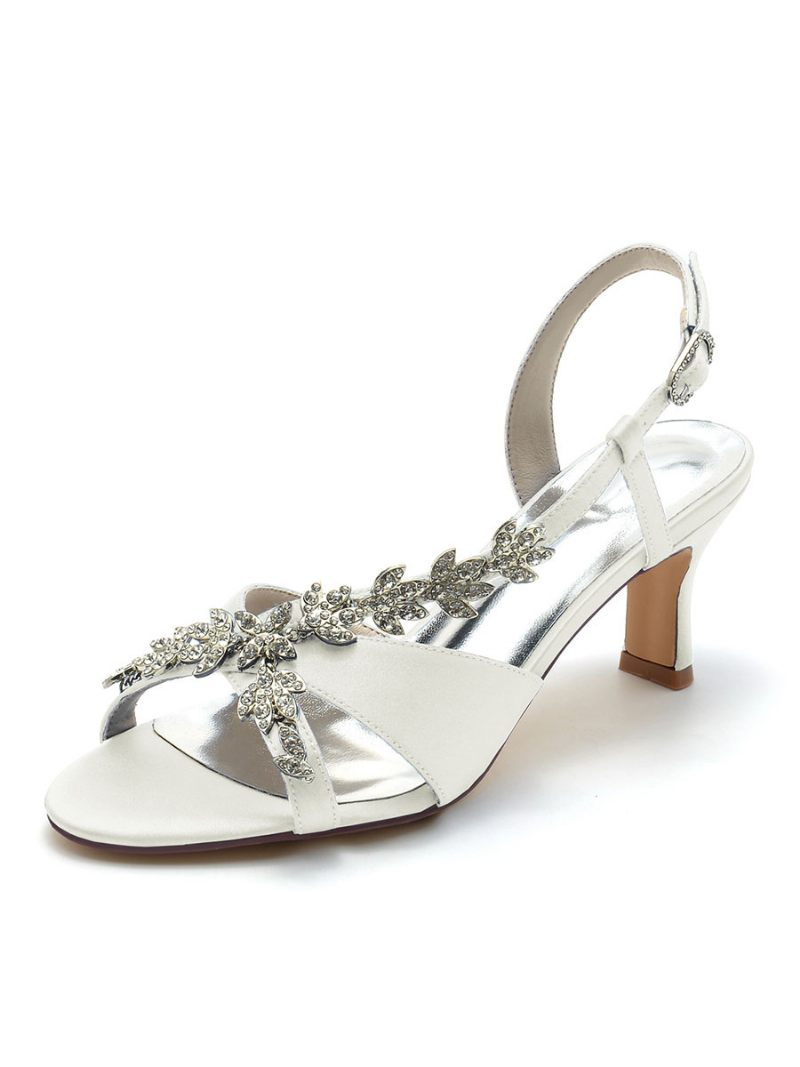 Chaussures Mariée Satin Pour Femmes Avec Strass Bout Ouvert Talon Chaton Mariage - Ivoire