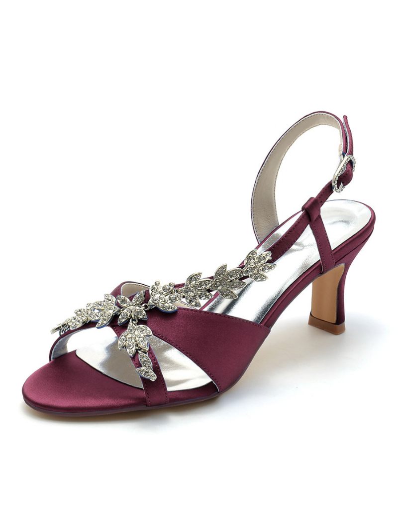 Chaussures Mariée Satin Pour Femmes Avec Strass Bout Ouvert Talon Chaton Mariage - Bourgogne