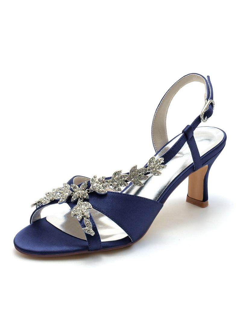 Chaussures Mariée Satin Pour Femmes Avec Strass Bout Ouvert Talon Chaton Mariage - Bleu Profond