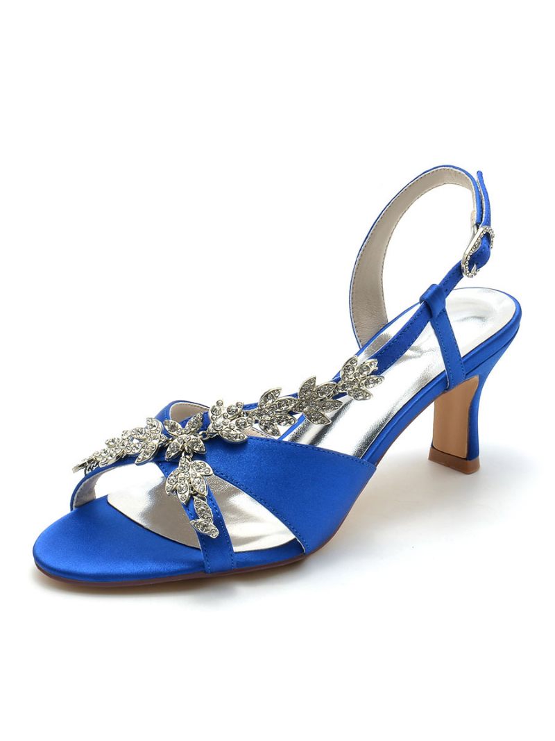 Chaussures Mariée Satin Pour Femmes Avec Strass Bout Ouvert Talon Chaton Mariage - Bleu Royal