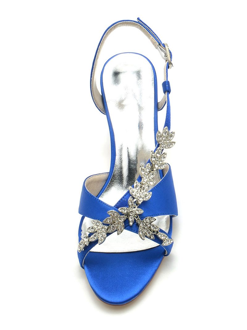 Chaussures Mariée Satin Pour Femmes Avec Strass Bout Ouvert Talon Chaton Mariage - Bleu Royal