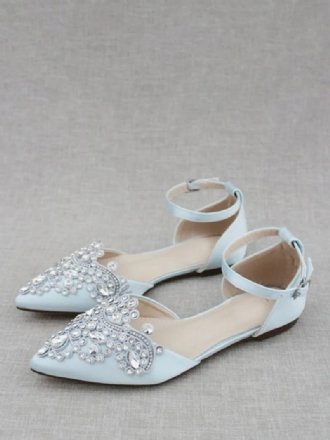 Chaussures Mariée Satin Pour Femmes Plates À Bout Pointu Et Strass