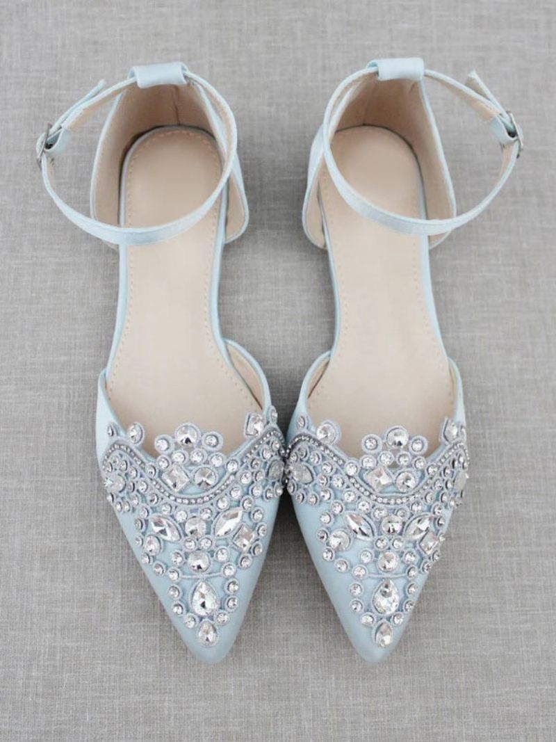 Chaussures Mariée Satin Pour Femmes Plates À Bout Pointu Et Strass - Bleu Ciel Clair