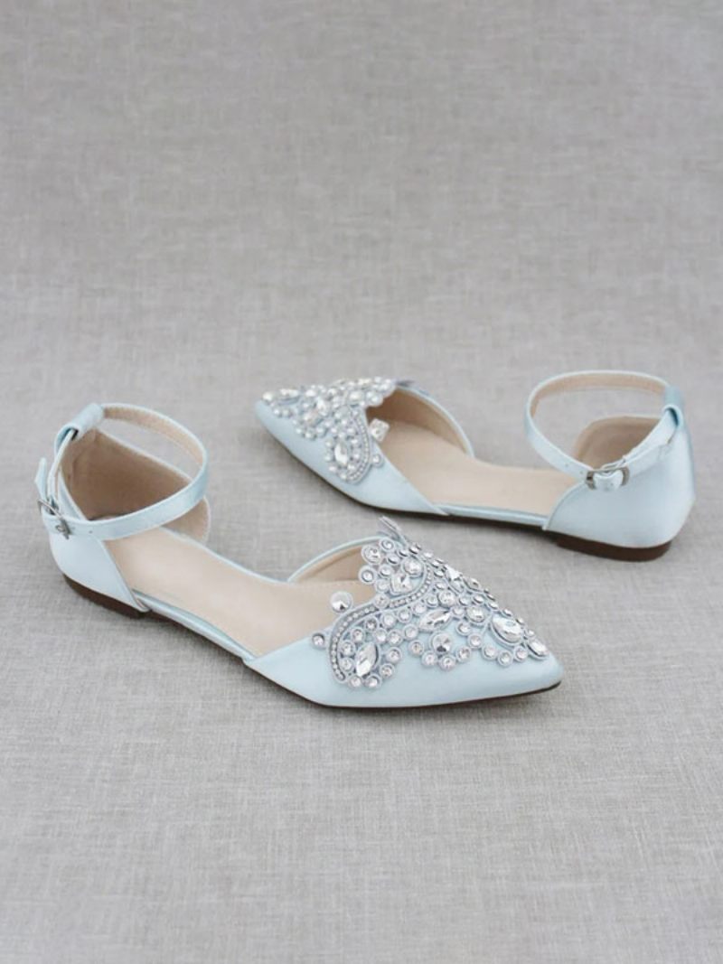 Chaussures Mariée Satin Pour Femmes Plates À Bout Pointu Et Strass - Bleu Ciel Clair