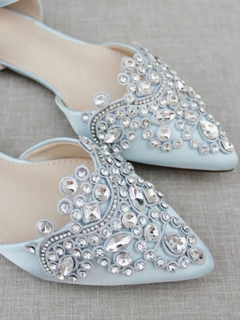 Chaussures Mariée Satin Pour Femmes Plates À Bout Pointu Et Strass - Bleu Ciel Clair