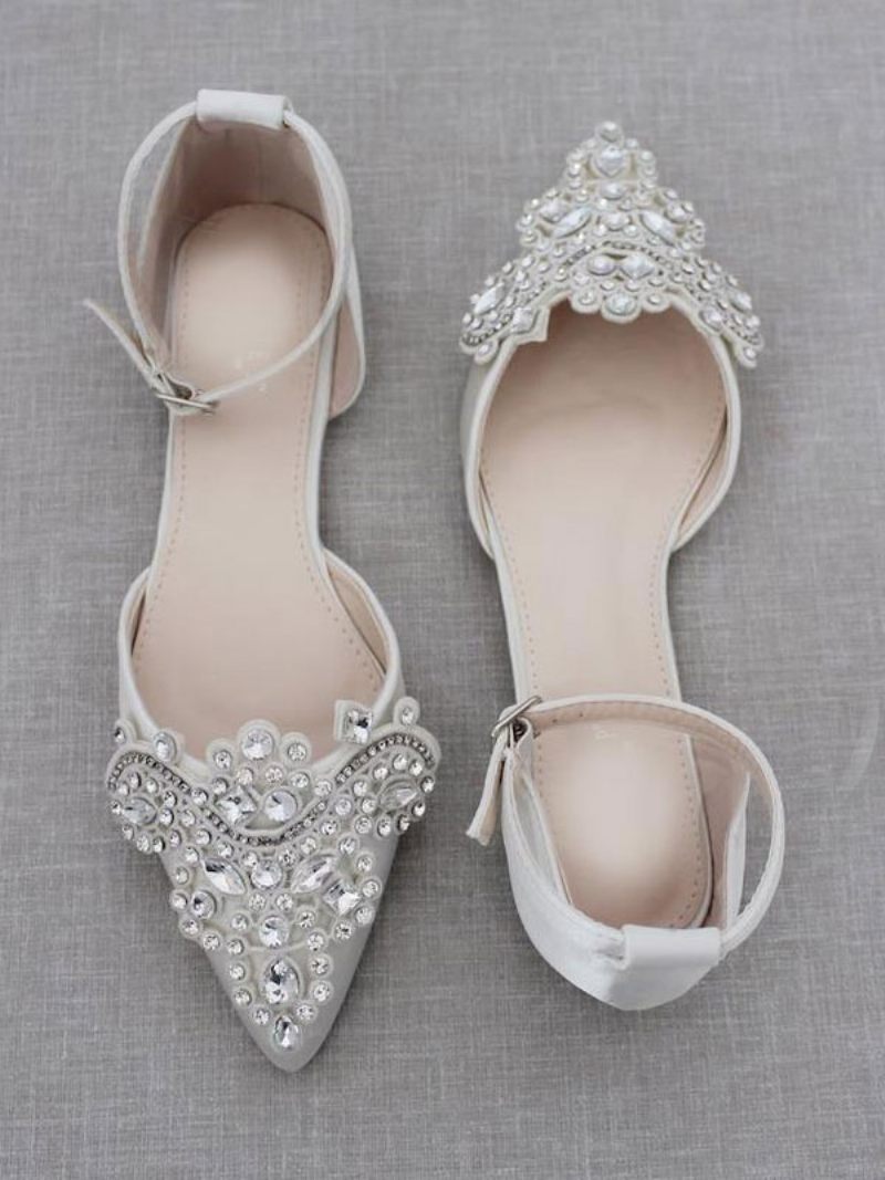 Chaussures Mariée Satin Pour Femmes Plates À Bout Pointu Et Strass - Blanc