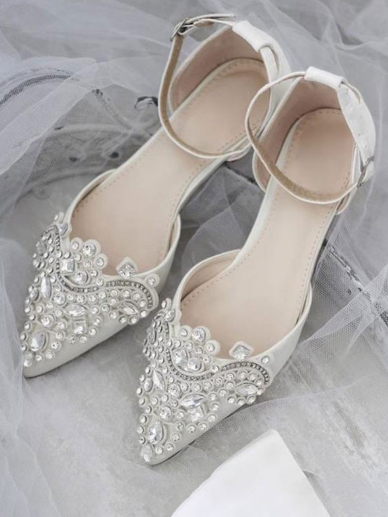 Chaussures Mariée Satin Pour Femmes Plates À Bout Pointu Et Strass - Blanc