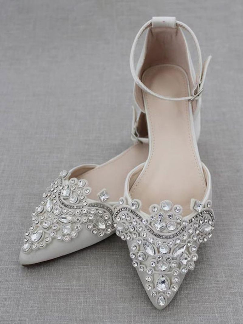 Chaussures Mariée Satin Pour Femmes Plates À Bout Pointu Et Strass - Blanc