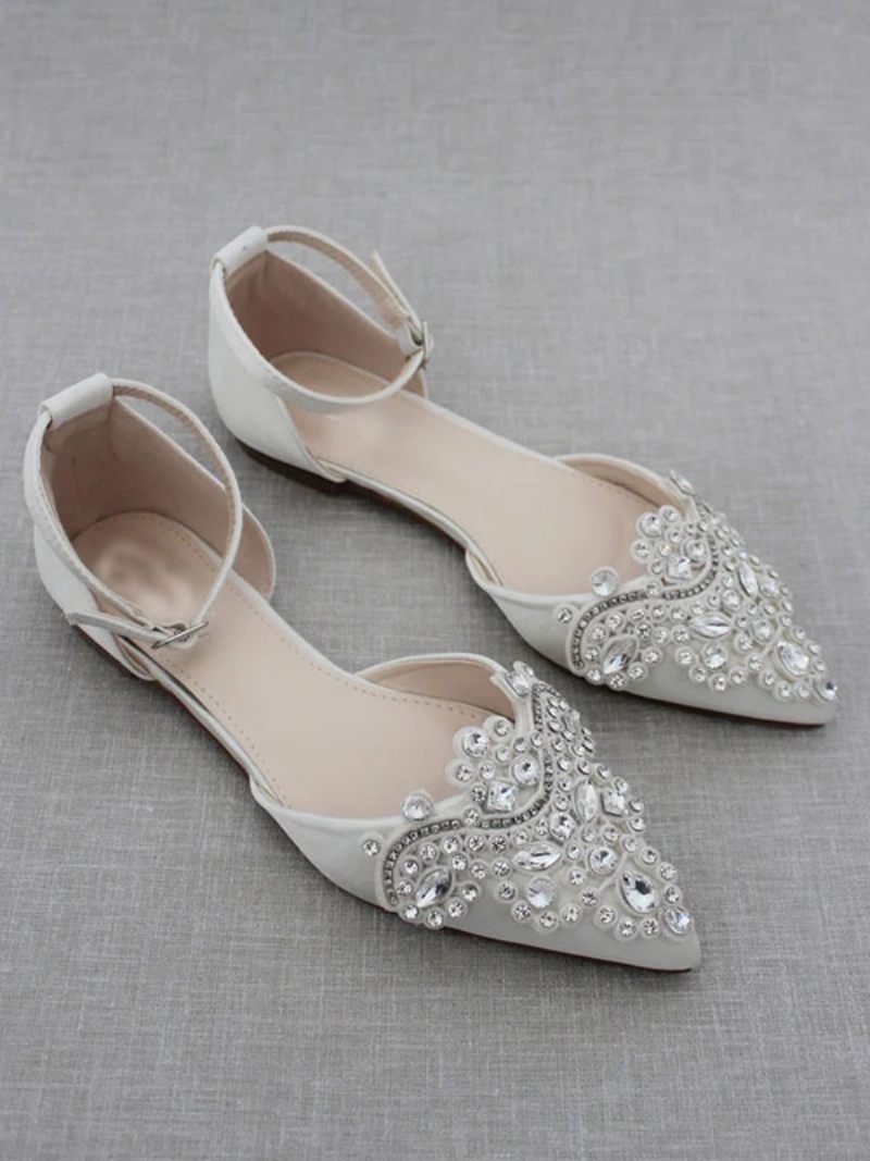 Chaussures Mariée Satin Pour Femmes Plates À Bout Pointu Et Strass - Blanc