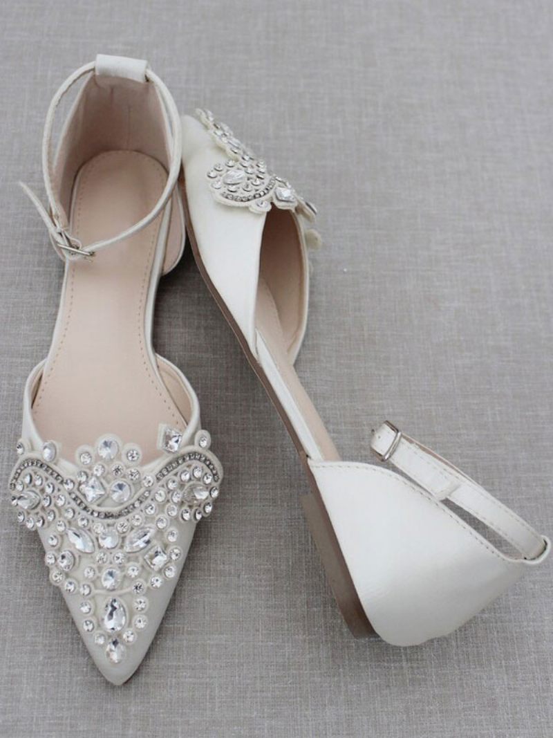 Chaussures Mariée Satin Pour Femmes Plates À Bout Pointu Et Strass - Blanc