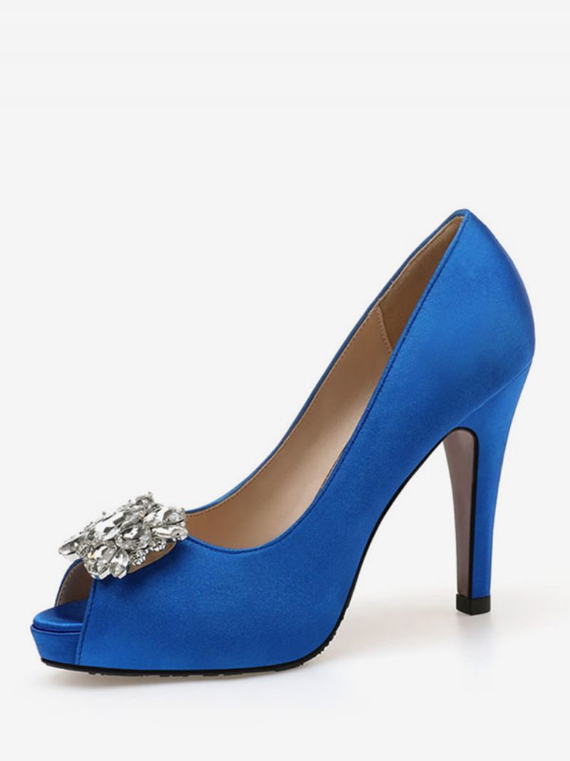 Chaussures Mariée Strass À Bout Ouvert Pour Femmes Escarpins Talons - Bleu