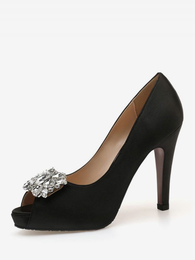 Chaussures Mariée Strass À Bout Ouvert Pour Femmes Escarpins Talons - Noir