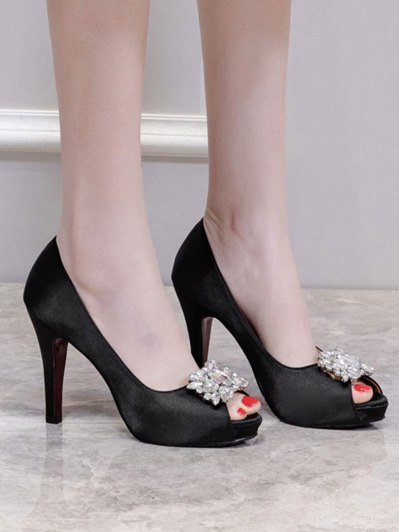 Chaussures Mariée Strass À Bout Ouvert Pour Femmes Escarpins Talons - Noir