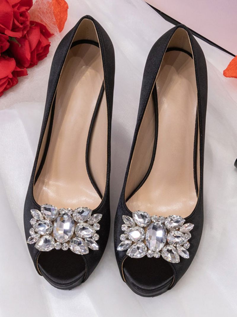 Chaussures Mariée Strass À Bout Ouvert Pour Femmes Escarpins Talons - Noir