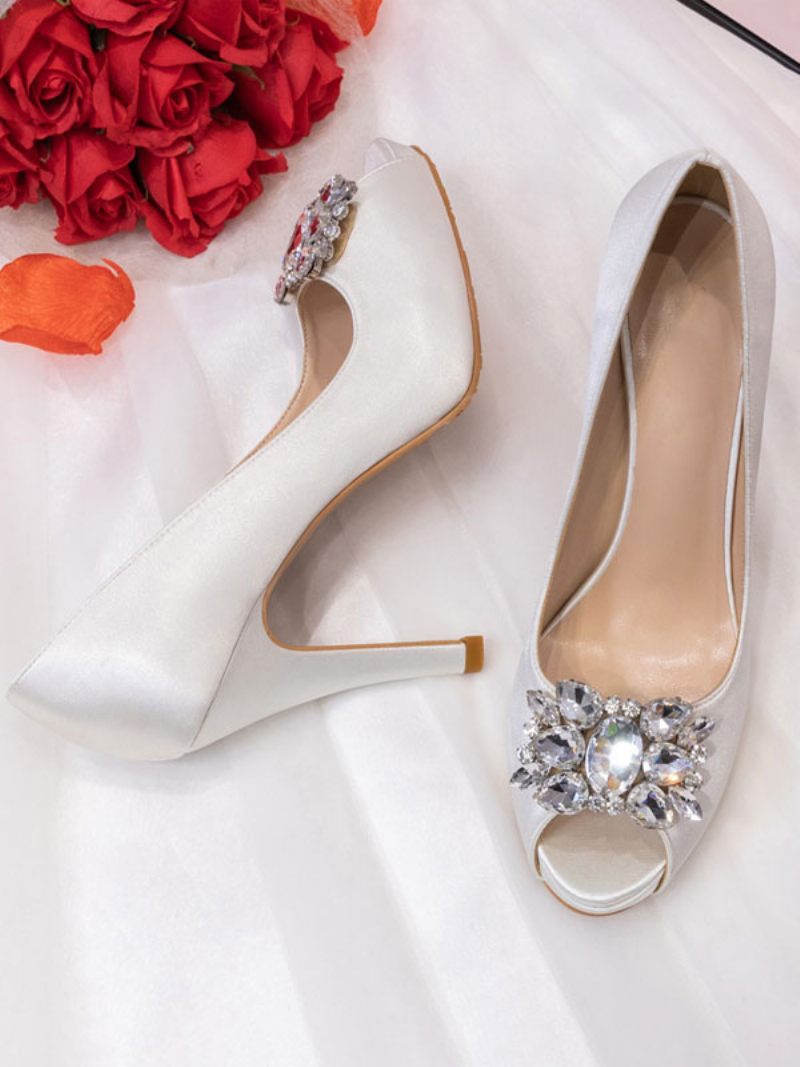 Chaussures Mariée Strass À Bout Ouvert Pour Femmes Escarpins Talons - Blanc