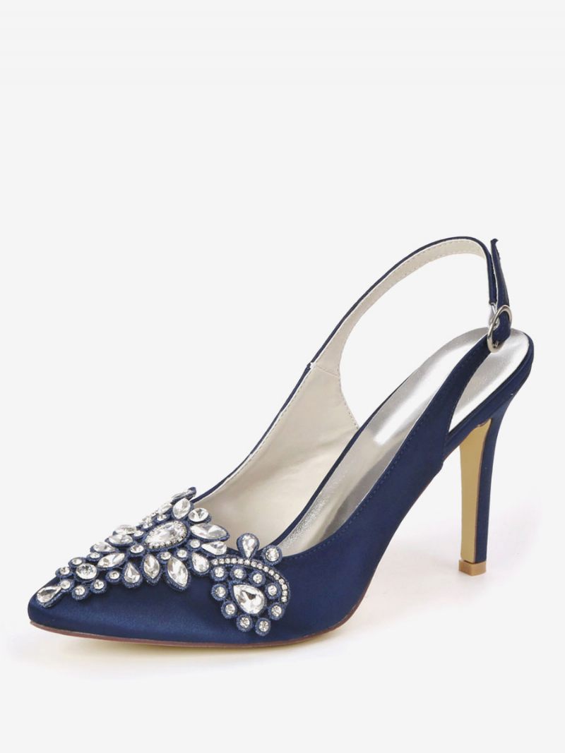 Chaussures Mariée À Strass Pour Femmes Talons Bride Arrière - Bleu Profond