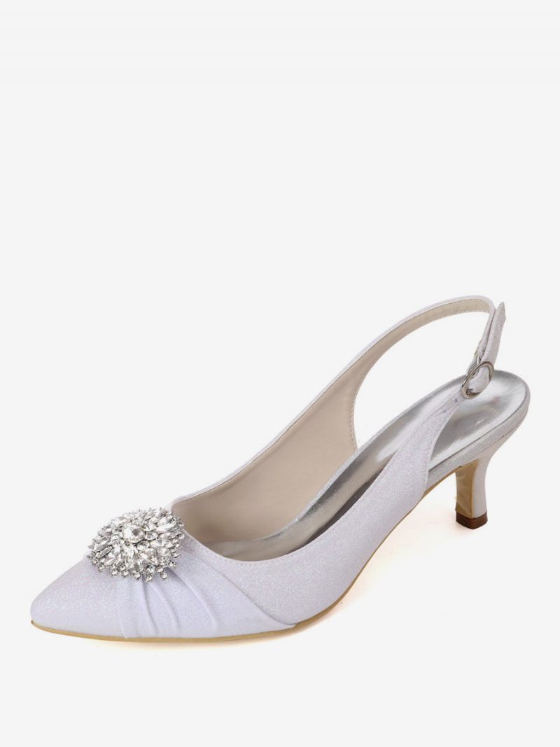 Chaussures Mariée À Strass Pour Femmes Talons Chaton Bride Arrière - Blanc