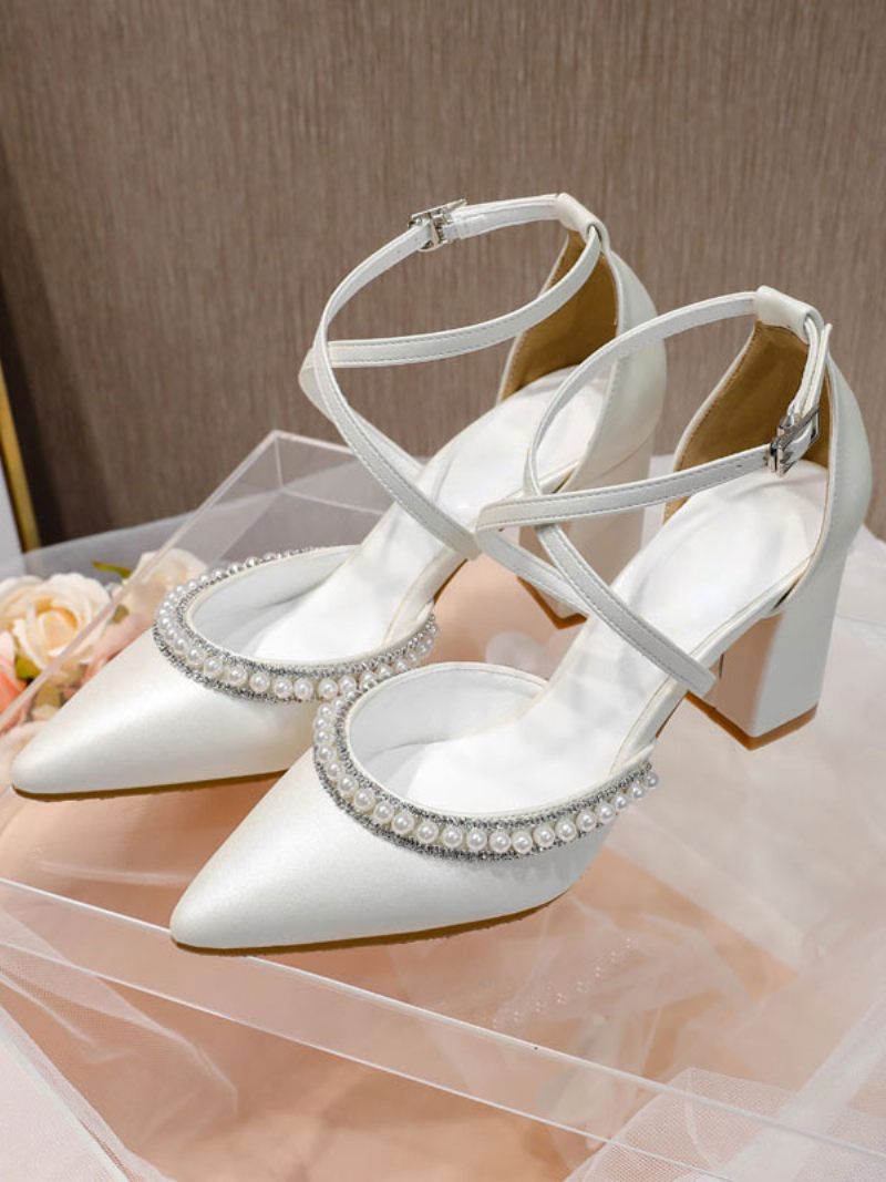 Chaussures Mariée À Talons Épais Et Perles Pour Femmes - Blanc