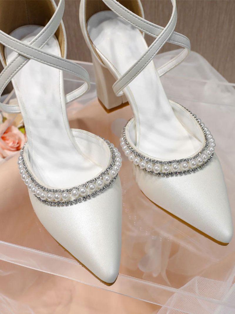 Chaussures Mariée À Talons Épais Et Perles Pour Femmes - Blanc