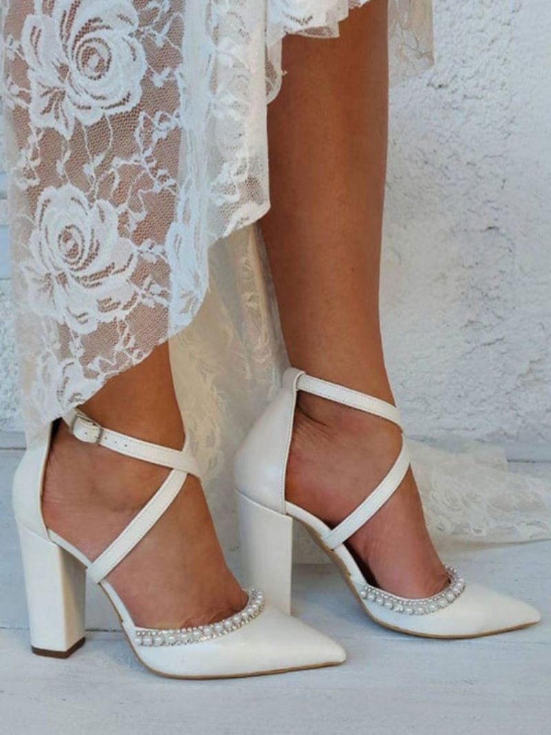 Chaussures Mariée À Talons Épais Et Perles Pour Femmes - Blanc