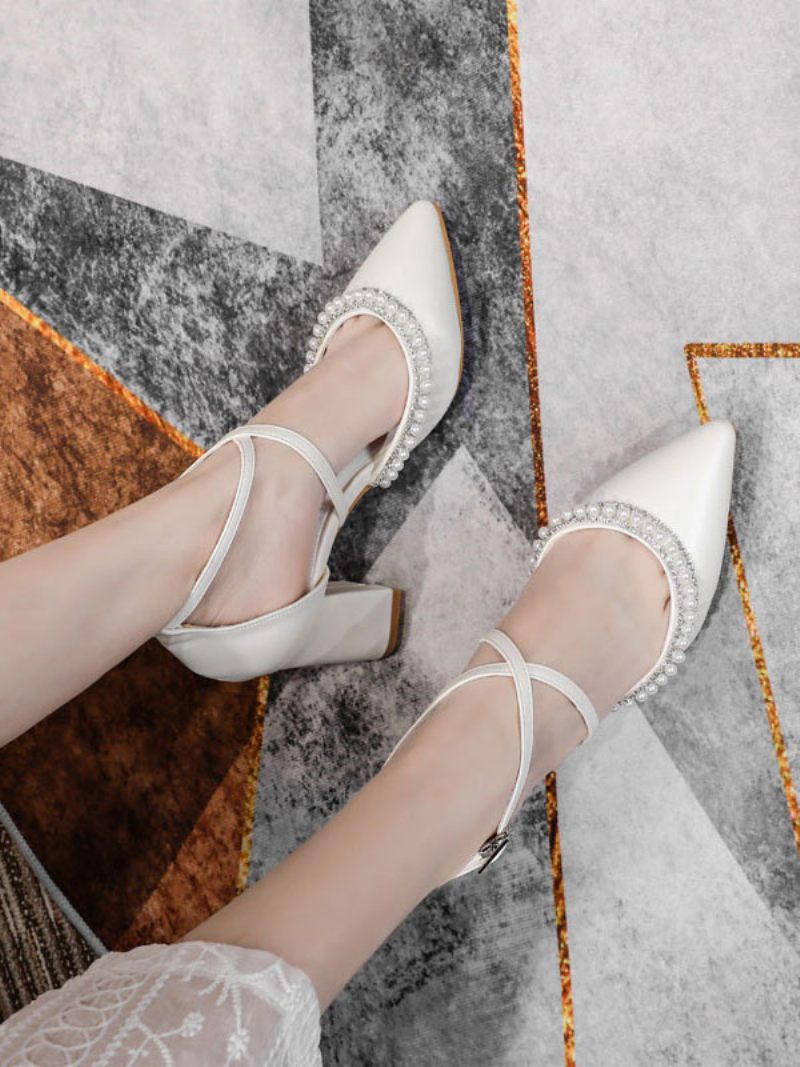 Chaussures Mariée À Talons Épais Et Perles Pour Femmes - Blanc