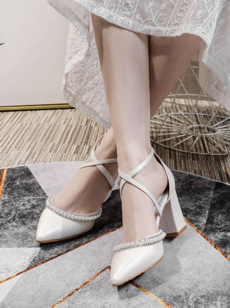 Chaussures Mariée À Talons Épais Et Perles Pour Femmes - Blanc