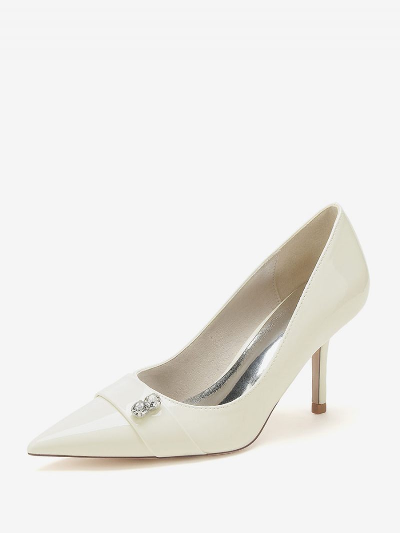 Chaussures Mère Mariée Pour Femmes Escarpins À Talons Hauts Pu Verni Bout Pointu Avec Strass - Beige