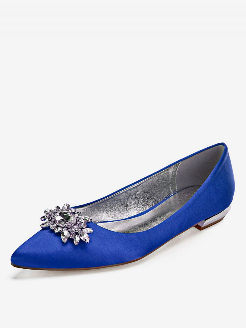 Chaussures Plates Mariage Satin Et Strass Pour Femmes - Bleu Royal