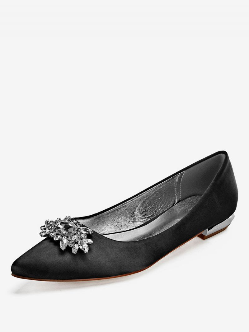 Chaussures Plates Mariage Satin Et Strass Pour Femmes - Noir