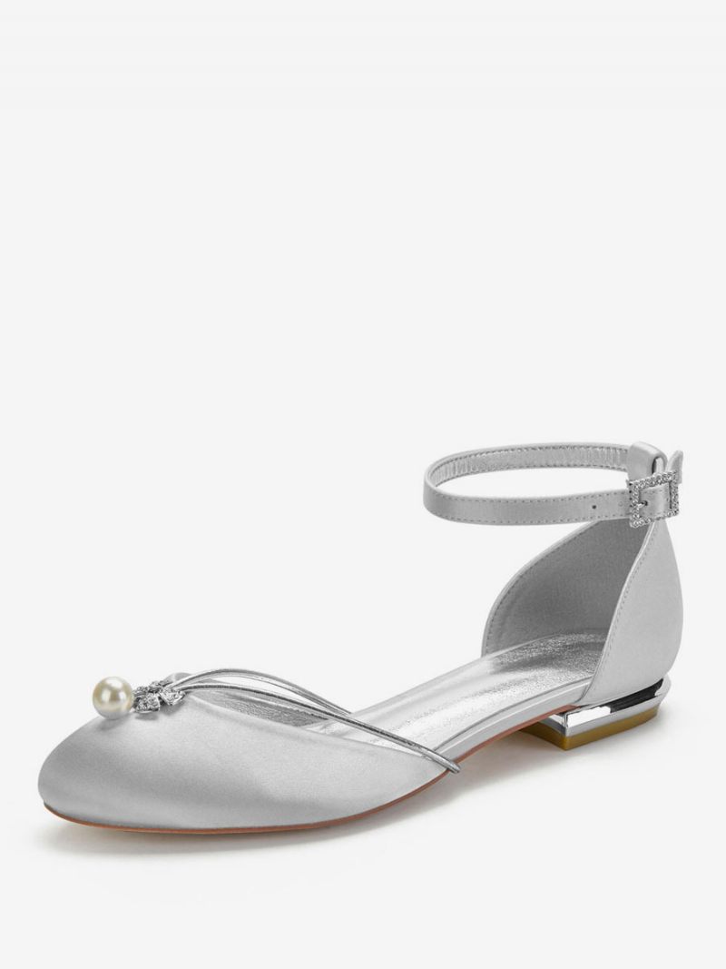 Chaussures Plates Mariée À Bout Rond Et Bride Cheville Pour Femmes Satin - Argent