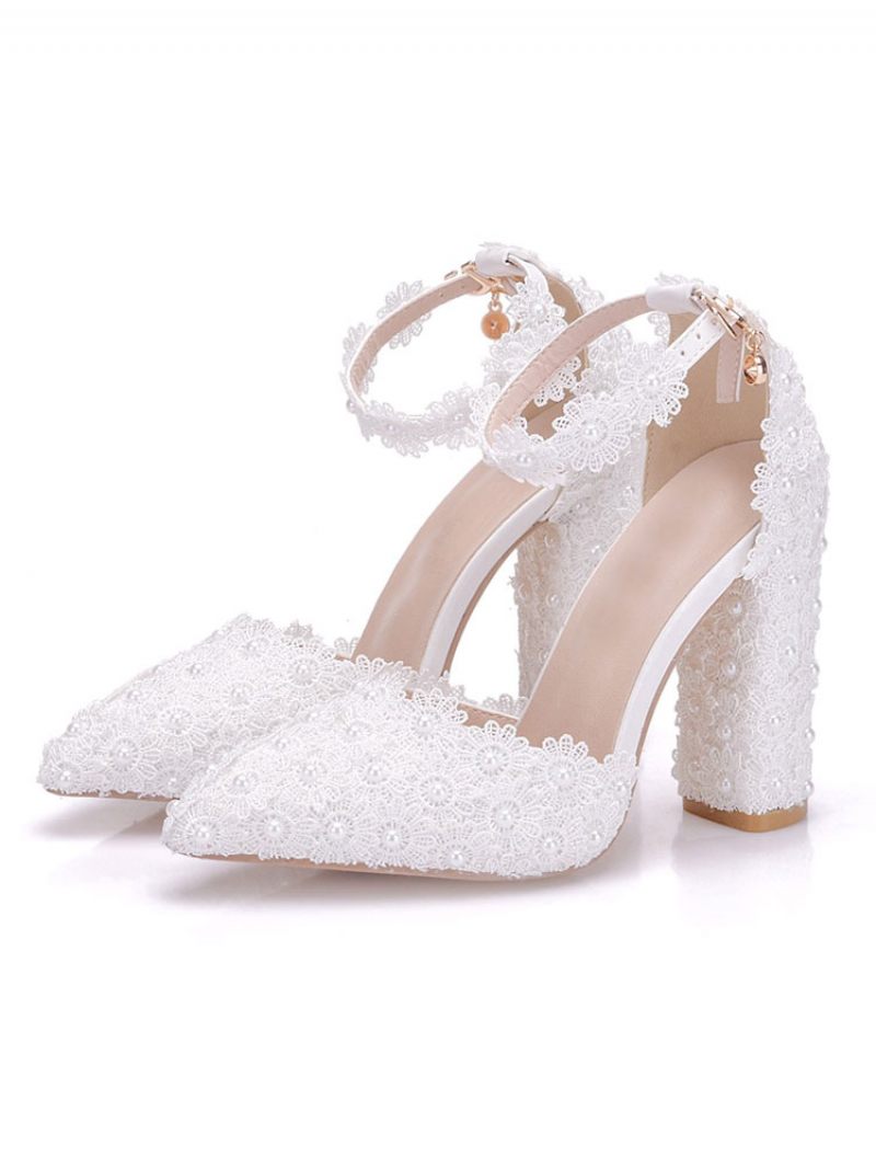 Chaussures Soirée Blanches Pour Femmes Sandales À Talons Hauts Cuir Fleurs Bout Pointu - Blanc