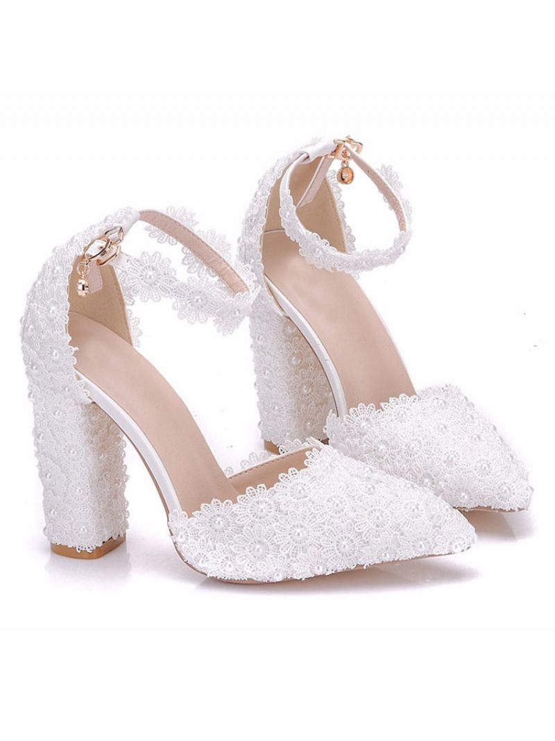 Chaussures Soirée Blanches Pour Femmes Sandales À Talons Hauts Cuir Fleurs Bout Pointu - Blanc