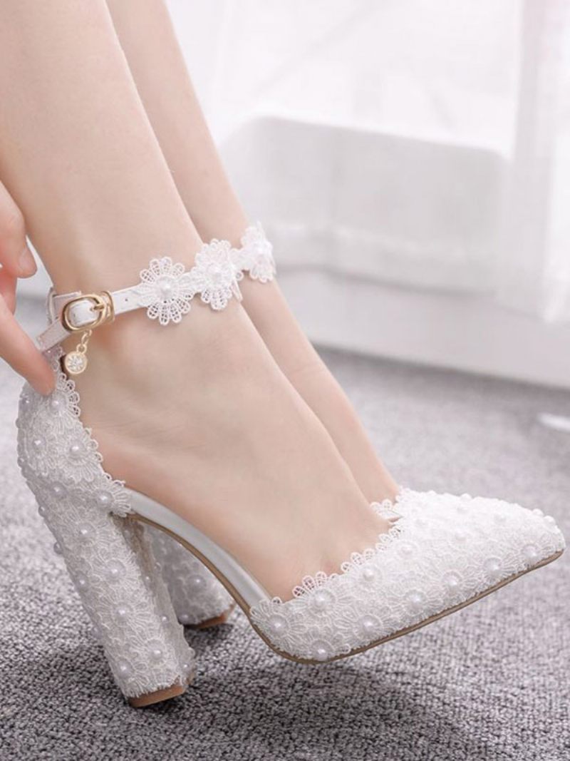 Chaussures Soirée Blanches Pour Femmes Sandales À Talons Hauts Cuir Fleurs Bout Pointu - Blanc