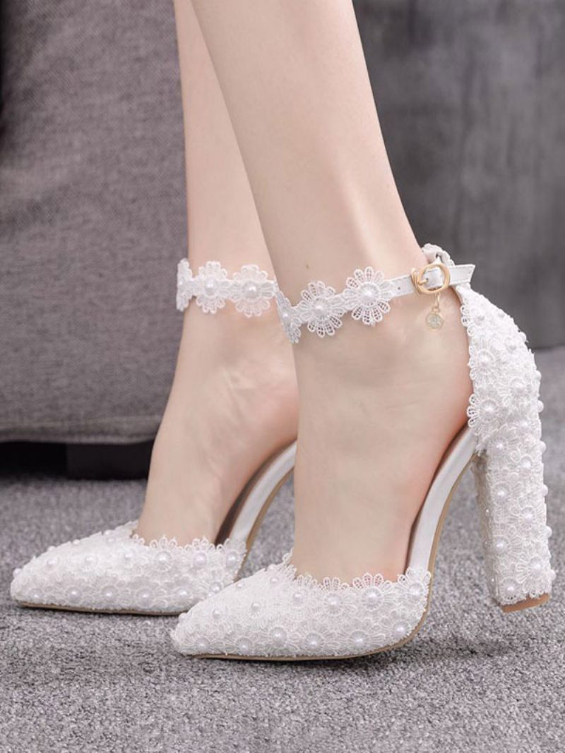 Chaussures Soirée Blanches Pour Femmes Sandales À Talons Hauts Cuir Fleurs Bout Pointu - Blanc