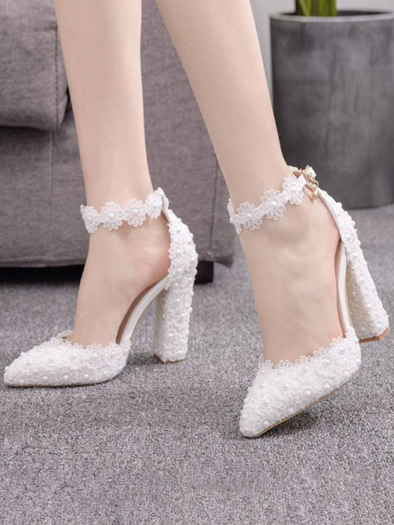 Chaussures Soirée Blanches Pour Femmes Sandales À Talons Hauts Cuir Fleurs Bout Pointu - Blanc