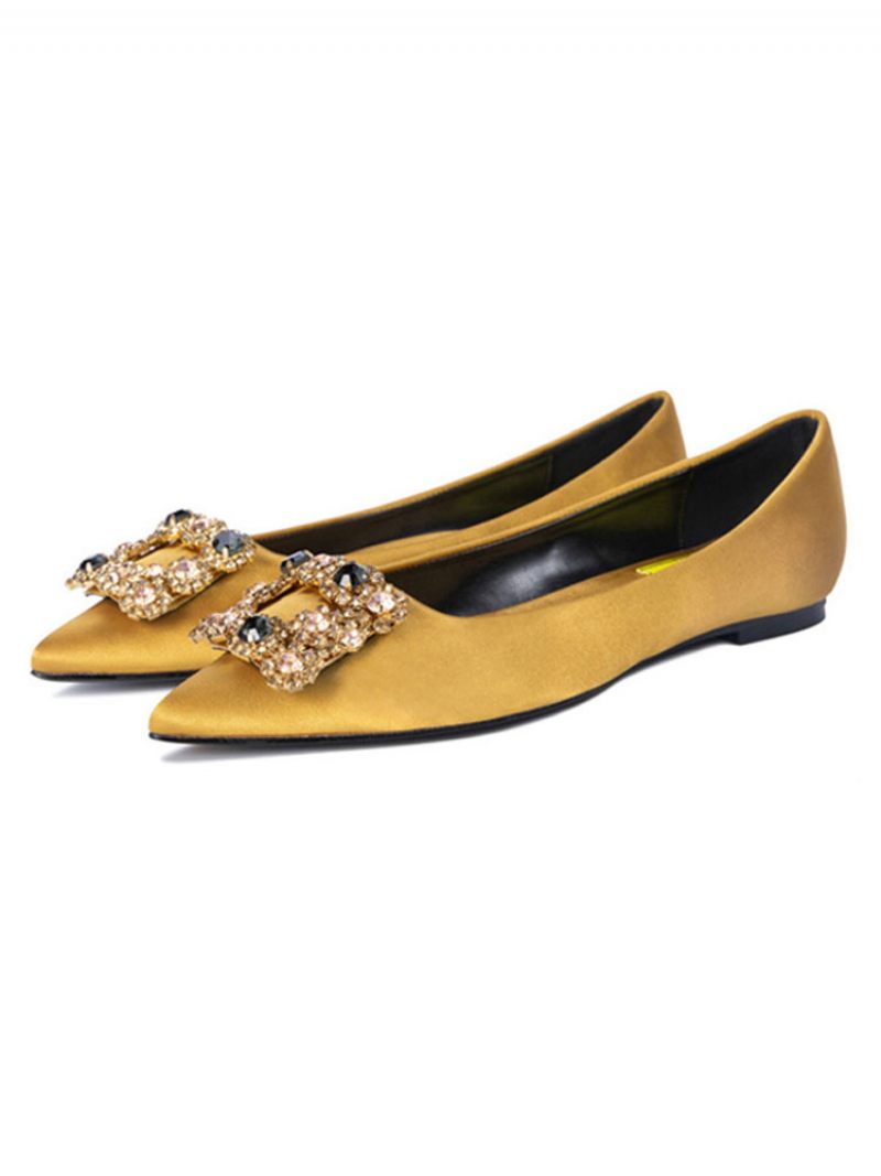 Chaussures Soirée Pour Femmes Satin Noir Bout Pointu Détails Métal Strass Plates - Jaune