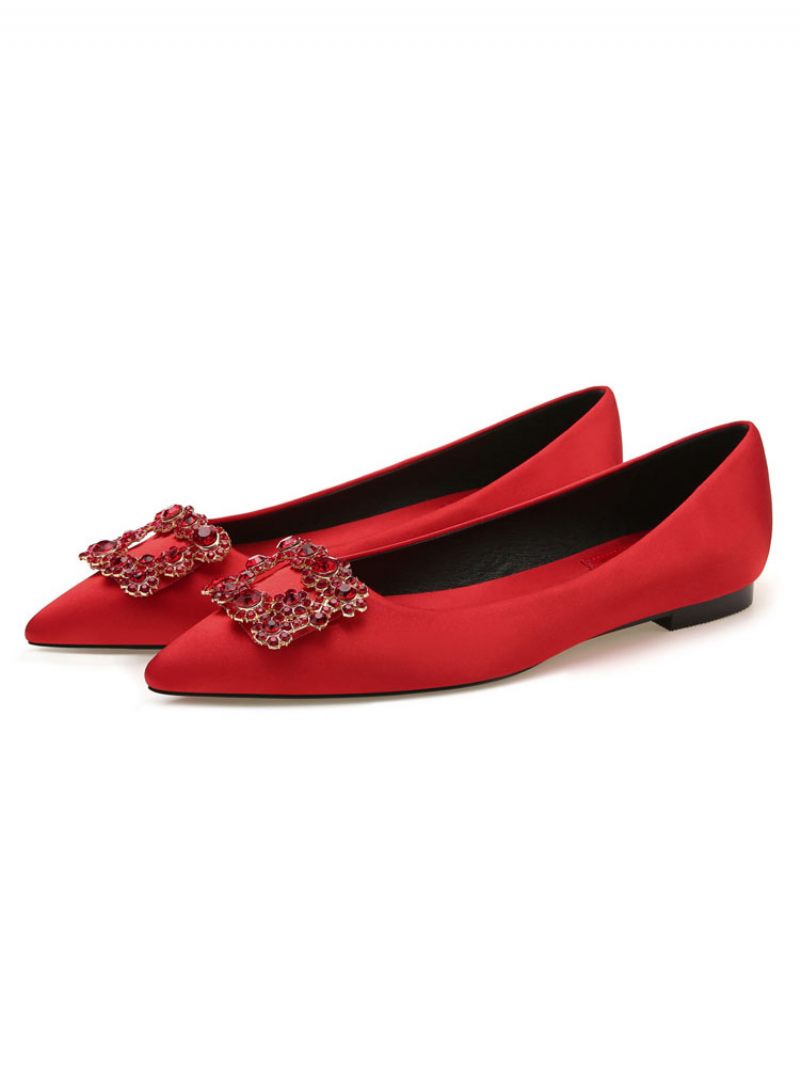 Chaussures Soirée Pour Femmes Satin Noir Bout Pointu Détails Métal Strass Plates - Rouge