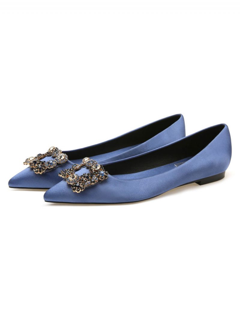 Chaussures Soirée Pour Femmes Satin Noir Bout Pointu Détails Métal Strass Plates - Bleu