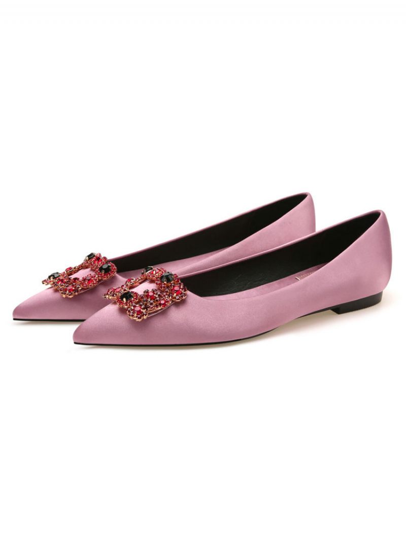 Chaussures Soirée Pour Femmes Satin Noir Bout Pointu Détails Métal Strass Plates - Rose