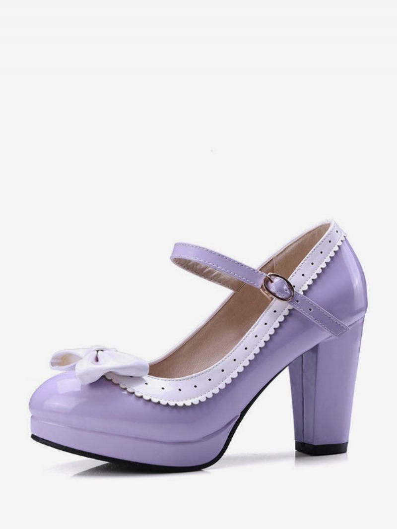 Chaussures Vintage Pour Femmes Mary Jane Noires À Bout Rond Et Nœuds - Violet