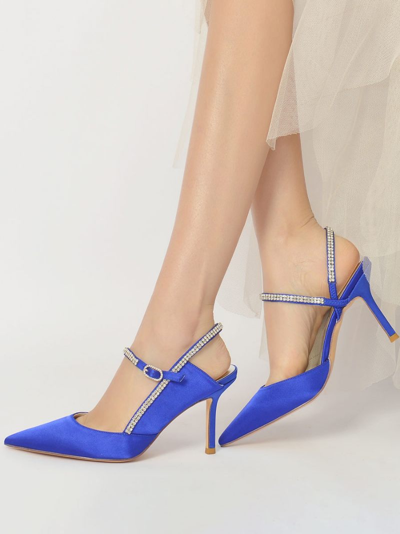 Escarpins À Bride Arrière Strass Pour Femmes Chaussures Mariée Talons - Bleu Royal