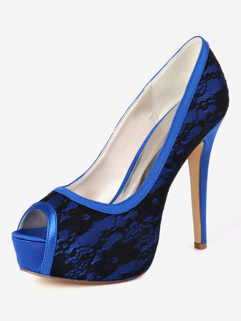 Escarpins Mariage Pour Femmes Chaussures Mariée À Plateforme Et Bout Ouvert Brodées - Bleu Royal