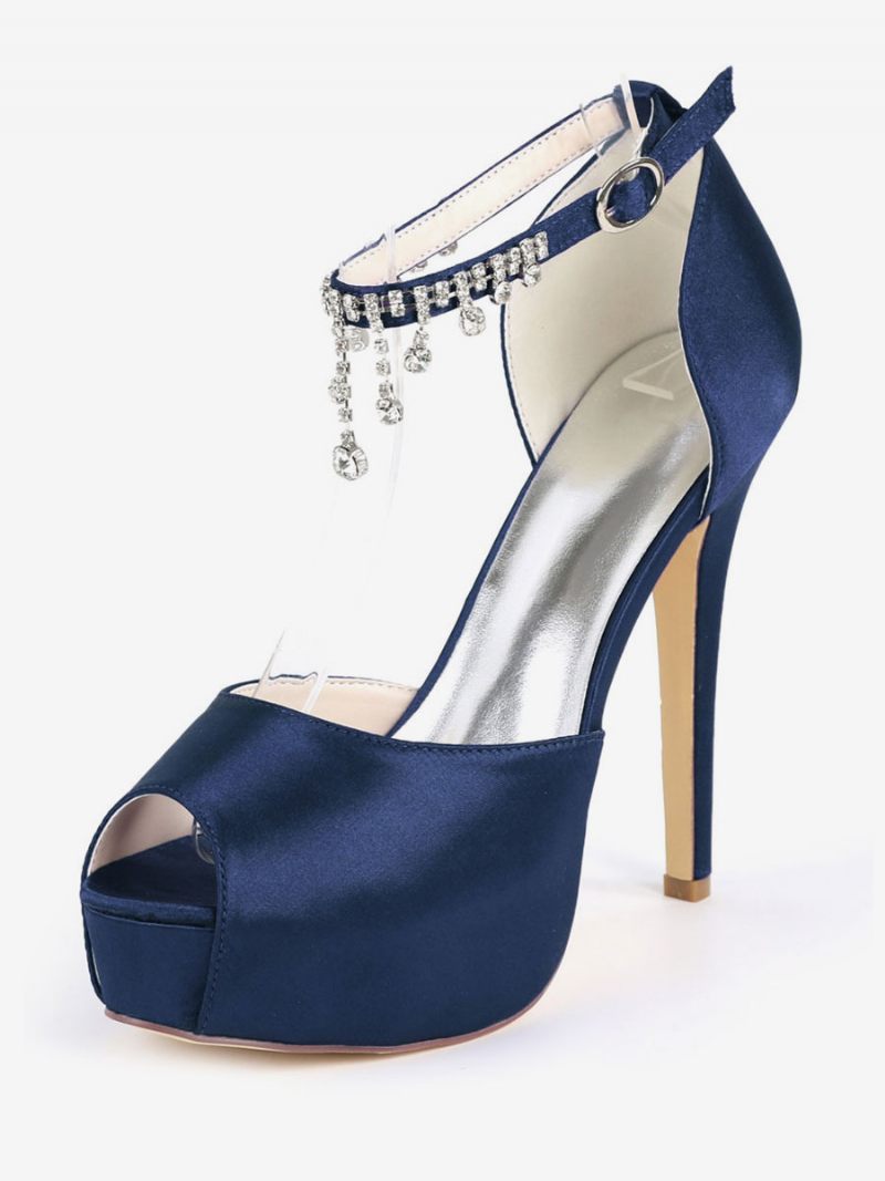 Escarpins Mariée À Plateforme Et Bride La Cheville Pour Femmes Talons Aiguilles Bout Ouvert Satin - Bleu Profond