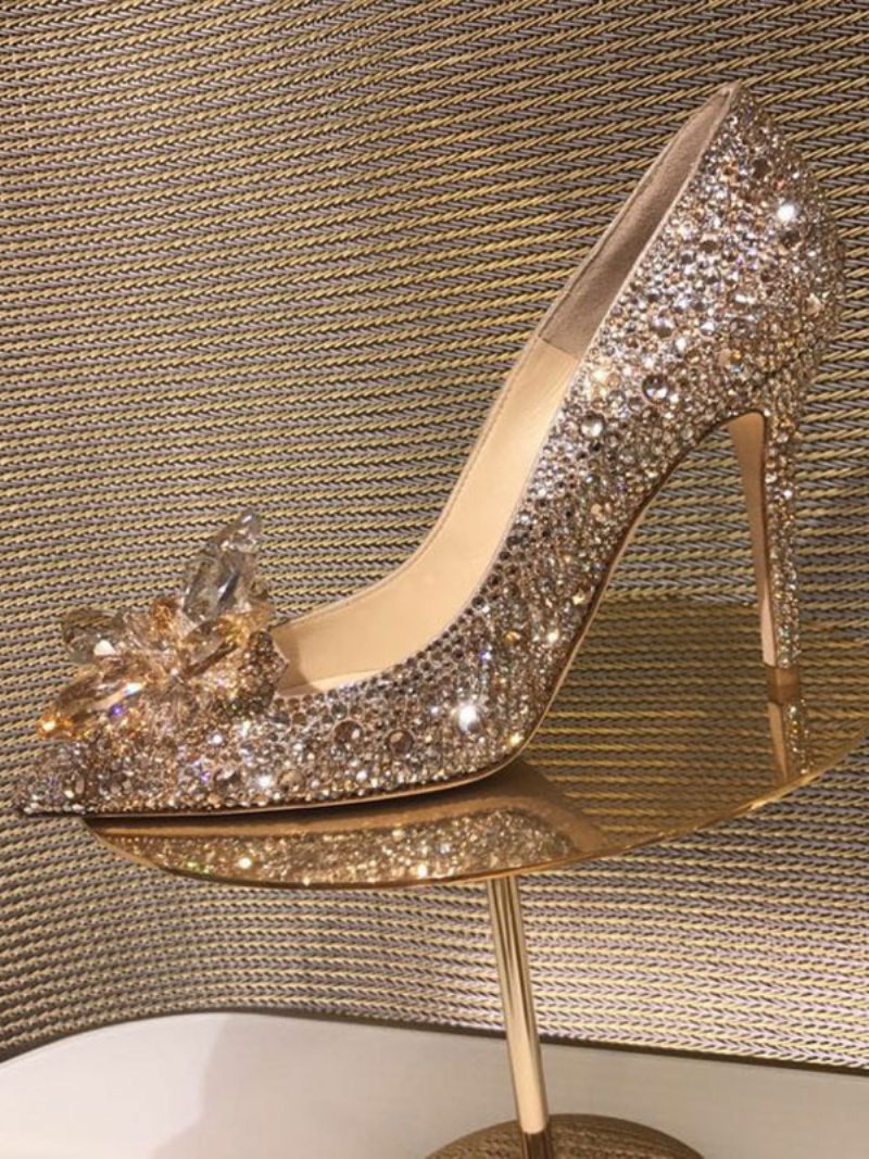 Escarpins Mariée Strass Cristal Pour Femmes Talons Soirée - Or Clair