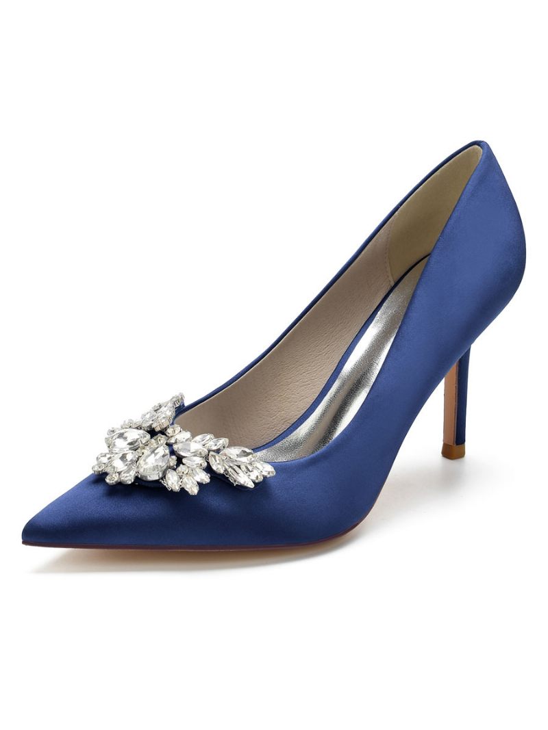 Escarpins Mariée À Talons Aiguilles Satin Et Strass Pour Femmes - Bleu Profond