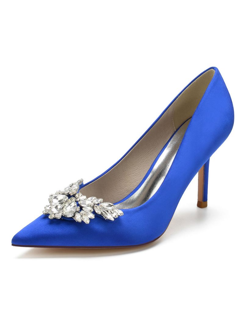 Escarpins Mariée À Talons Aiguilles Satin Et Strass Pour Femmes - Bleu Royal