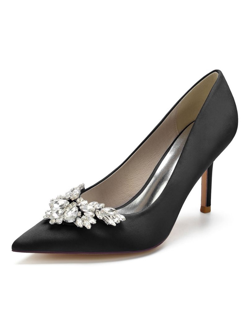 Escarpins Mariée À Talons Aiguilles Satin Et Strass Pour Femmes - Noir